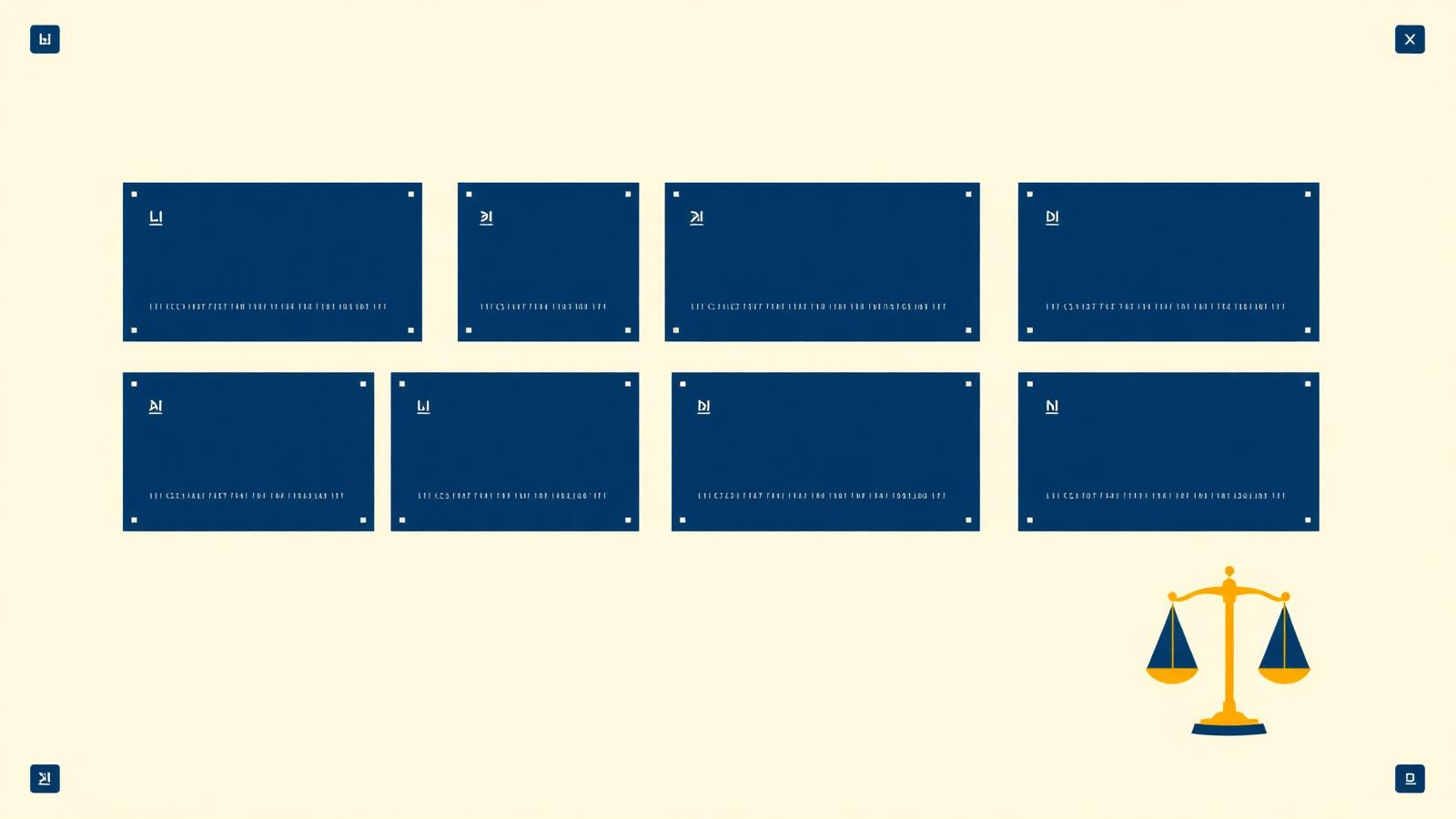 Flat duotone editorial blueprint illustration of a structured legal prompt template with eight modular blocks and a small amber scales-of-justice icon, representing the jurisdiction-aware master prompt framework.
