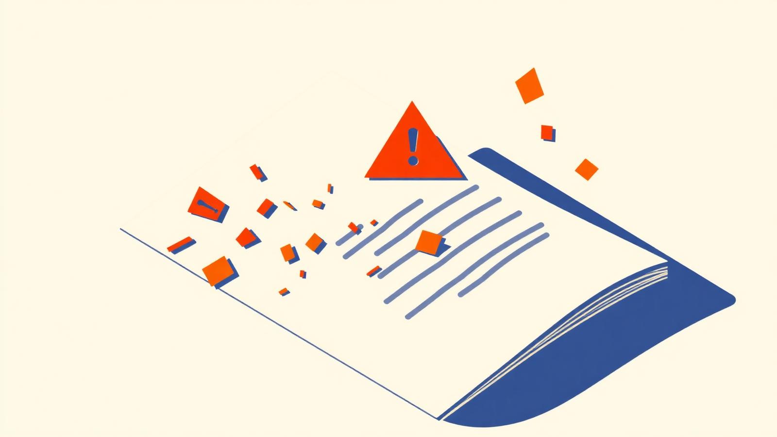 Flat duotone editorial illustration of a legal document with a red warning triangle and fragmented citation marks scattering off the page, symbolizing AI hallucinated case law and Rule 11 sanction risk.