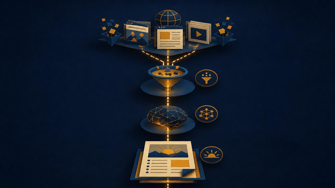 Editorial duotone diagram showing an always-on ambient AI pipeline: web scraping at the top, a fast filtering node in the middle, a deep analytical model below, ending in a morning intelligence report.